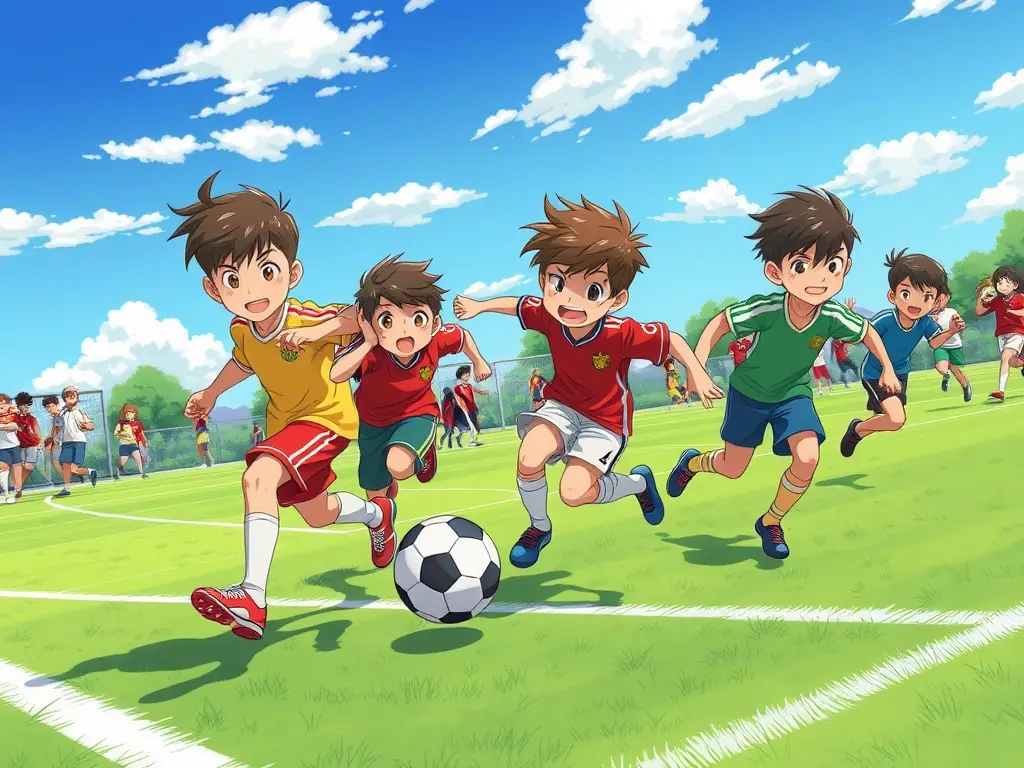 A vibrant image of young soccer players in ESCQ uniforms, celebrating a goal during a youth soccer program, with coaches and parents cheering from the sidelines.