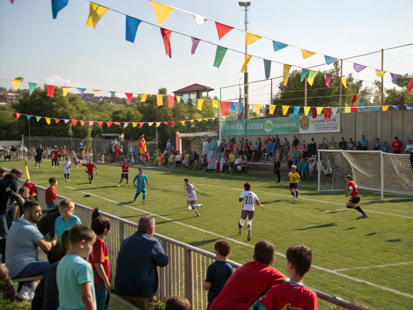 A panoramic view of an ESCQ community event, featuring players, families, and supporters, with colorful banners and a festive atmosphere.