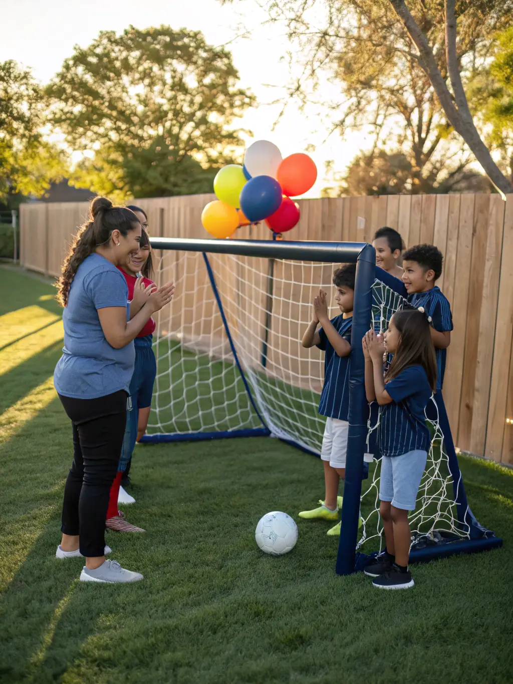 A diverse group of ESCQ members participating in a soccer-themed community event, with families and supporters cheering them on.