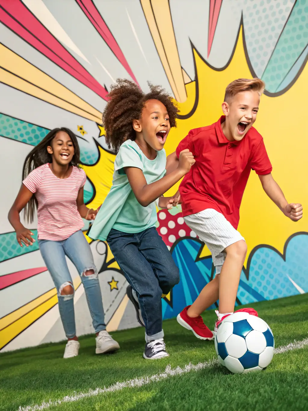 A lively scene from a community soccer tournament, featuring players, families, and supporters, capturing the festive atmosphere and community spirit of ESCQ events.