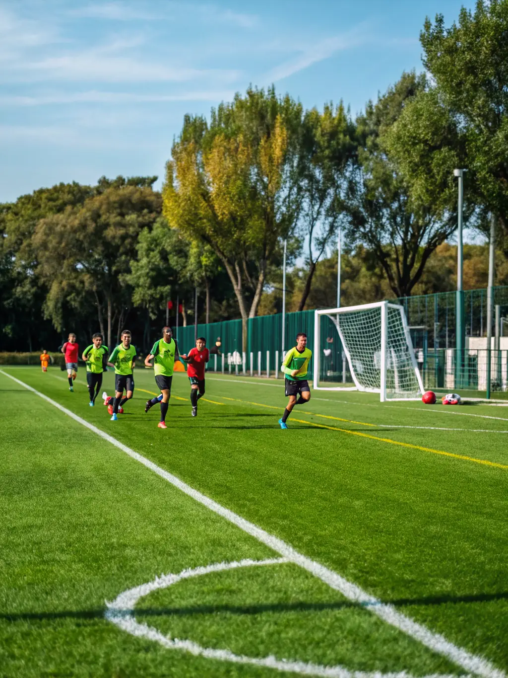 Adult players competing in a friendly soccer match on a well-maintained field, showcasing teamwork and sportsmanship.