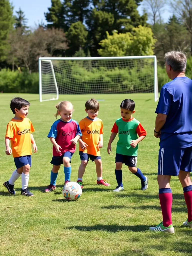 A group of young players practicing soccer drills on a sunny field, wearing ESCQ jerseys, with coaches providing guidance and encouragement.