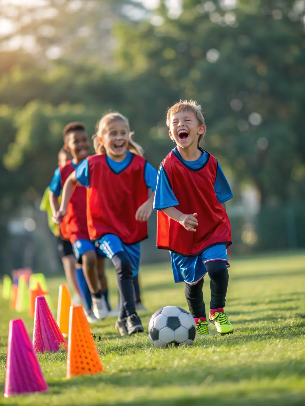 A vibrant image of young children participating in a soccer training session, showcasing their enthusiasm and teamwork, set against the backdrop of a sunny soccer field at ESCQ.